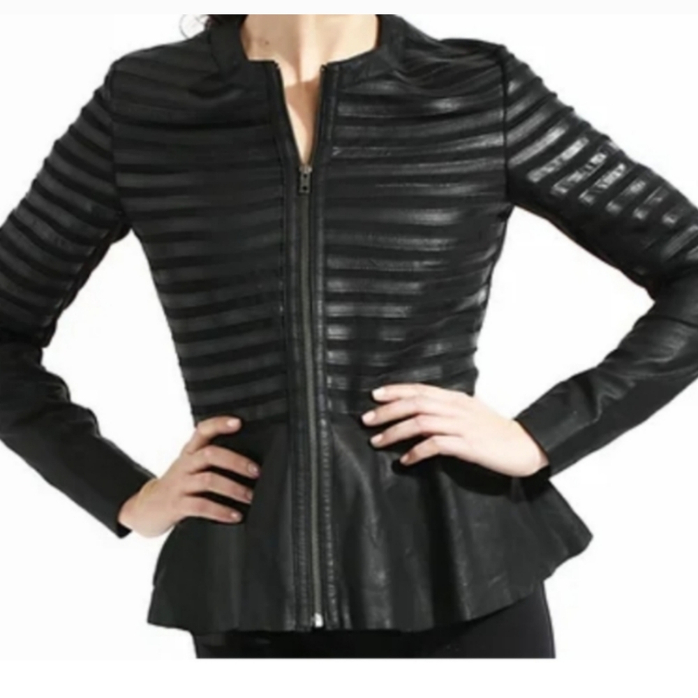 Black Saks Fifth Avenue leather peplum zip front jacket ponte knit